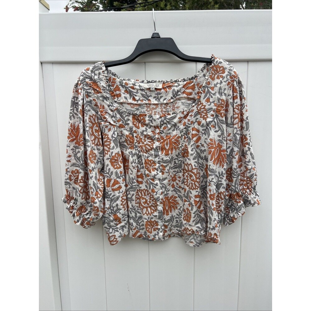 Rachel Zoe square neck boho top Linen Cropped Floral Small 3/4 Sleeve